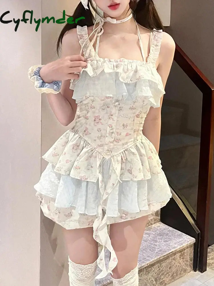 DRESS TO IMPRESS Japanese Sweet Floral 2 Piece Set Women Causal Lace Print Strap Dress + Y2K Elegant Cute Shorts 2024 Summer Kawaii Outfits New