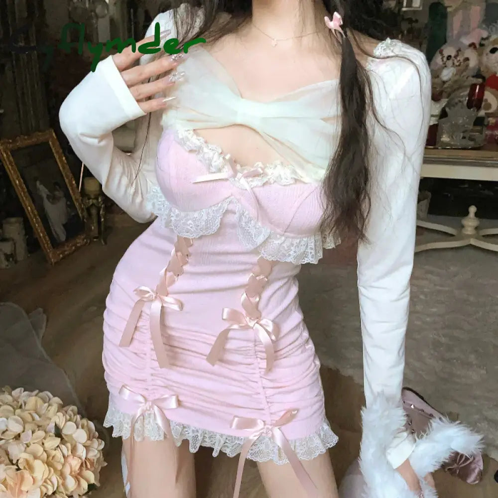 Cyflymder DRESS TO IMPRESS Japanese Sweet Lolita Style Dress Women Bow Pink Kawaii Party Mini Dresses Female Long