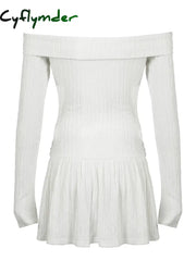 Cyflymder summer inspo Korean Fashion Slash Neck Elegant Long Sleeve A Line White Dress Women Shirring Slim Waist