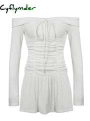 Cyflymder summer inspo Korean Fashion Slash Neck Elegant Long Sleeve A Line White Dress Women Shirring Slim Waist