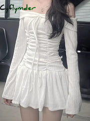 Cyflymder summer inspo Korean Fashion Slash Neck Elegant Long Sleeve A Line White Dress Women Shirring Slim Waist