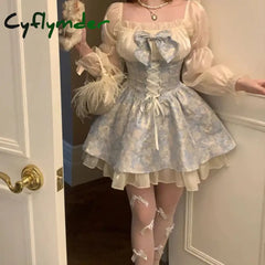 Cyflymder DRESS TO IMPRESS Korean Fashion Y2k Lolita Mini Dress Women Kawaii Bow Sweet Print Long Sleeve Fairy Party