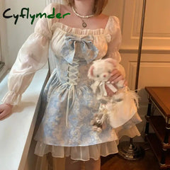 Cyflymder DRESS TO IMPRESS Korean Fashion Y2k Lolita Mini Dress Women Kawaii Bow Sweet Print Long Sleeve Fairy Party