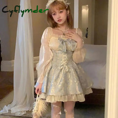 Cyflymder DRESS TO IMPRESS Korean Fashion Y2k Lolita Mini Dress Women Kawaii Bow Sweet Print Long Sleeve Fairy Party