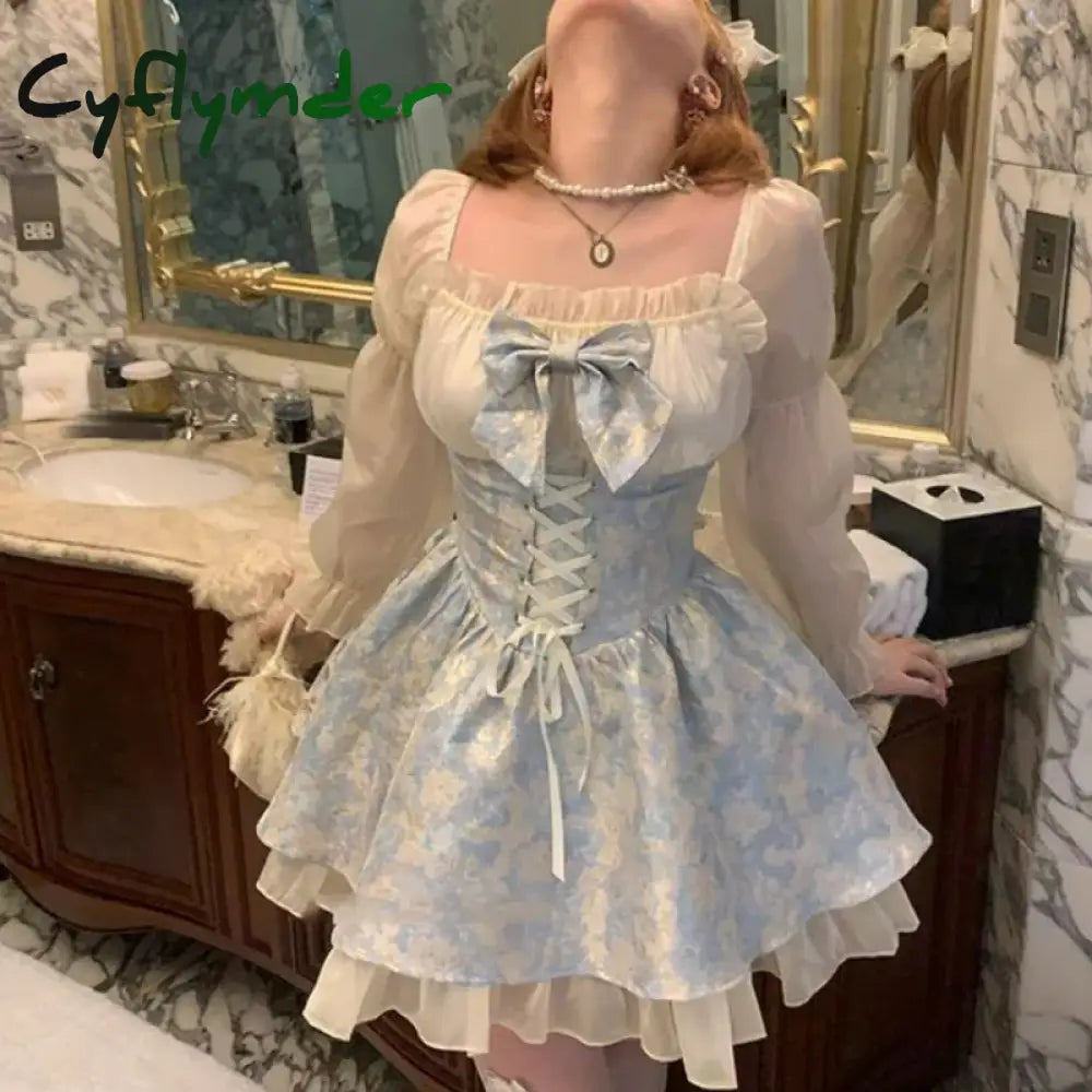 Cyflymder DRESS TO IMPRESS Korean Fashion Y2k Lolita Mini Dress Women Kawaii Bow Sweet Print Long Sleeve Fairy Party