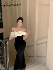 Cyflymder DRESS TO IMPRESS Mermaid Dresses Women Sexy Slash Neck Off Shoulder Ruffles Patchwork Elegant Slim Evening