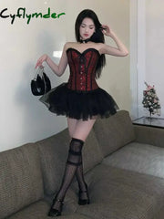 Cyflymder DRESS TO IMPRESS Overbust Corset Tulle Tutu Women 2-piece Set Hooks & Eyes Boned Lace-up Textured Tube Top