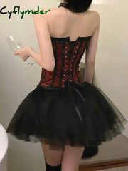 Cyflymder DRESS TO IMPRESS Overbust Corset Tulle Tutu Women 2-piece Set Hooks & Eyes Boned Lace-up Textured Tube Top