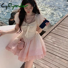 Cyflymder DRESS TO IMPRESS Pink Gradient Color Kawaii Lolita Dress Girl France Sweet Bow Casual Slim Party Mini Dresses
