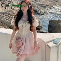 Cyflymder DRESS TO IMPRESS Pink Gradient Color Kawaii Lolita Dress Girl France Sweet Bow Casual Slim Party Mini Dresses