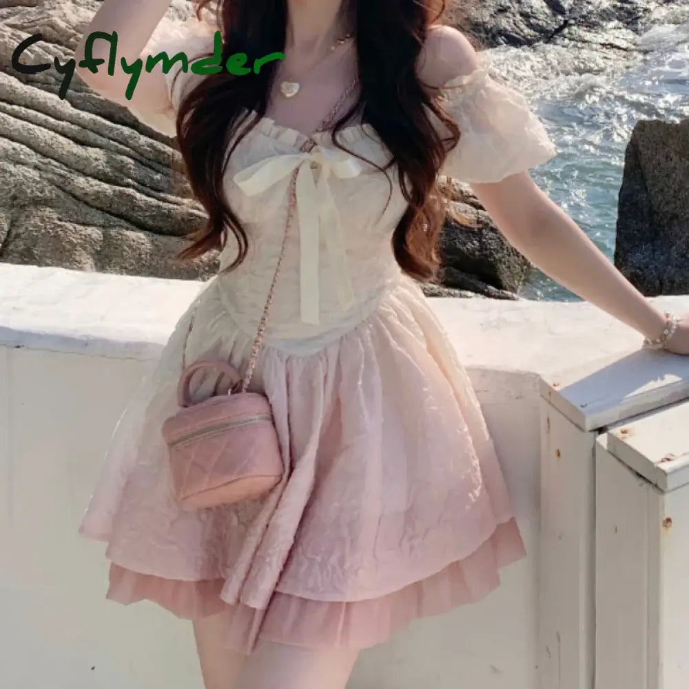 Cyflymder DRESS TO IMPRESS Pink Gradient Color Kawaii Lolita Dress Girl France Sweet Bow Casual Slim Party Mini Dresses