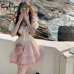 Cyflymder DRESS TO IMPRESS Pink Gradient Color Kawaii Lolita Dress Girl France Sweet Bow Casual Slim Party Mini Dresses