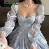 Cyflymder DRESS TO IMPRESS Puffy Dress Puff Sleeves Women Elegant Summer Blue Birthday Party Dress Lady High Waist