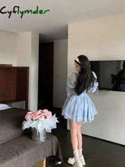 Cyflymder DRESS TO IMPRESS Puffy Dress Puff Sleeves Women Elegant Summer Blue Birthday Party Dress Lady High Waist
