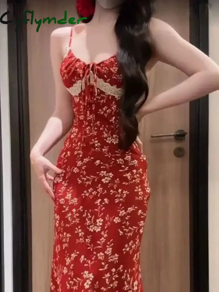 Red Floral Sexy Slip Dress Women Elegant Vintage Long Lace Bodycon Dress Summer Beach One Piece Dress Female Korean Style Party