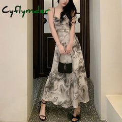 Sexy Backless Swinging Collar Dresses Summer New Stylish Female Clothing Ink Painting Elegant A-Line Waist Slim Long Slip Dress
