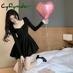 Cyflymder Sexy Black Lace Dress Women Bodycon Wrap Slim Party Mini Short Dresses Evening Fashion Long Sleeve Outfits
