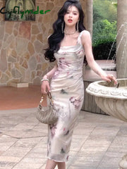 Summer Fashion Elegant Backless Print Slip Dress Female Long Sexy Evening Party Vacation Pleated Dresses Chic Boho Vintage