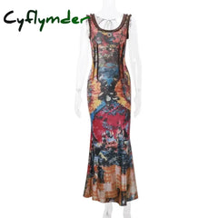 Cyflymder DRESS TO IMPRESS Summer New INS Women’s Tie Dyed Printed U-neck Fashion Retro Slim Dress Sexy Spicy Girl