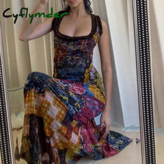 Cyflymder DRESS TO IMPRESS Summer New INS Women’s Tie Dyed Printed U-neck Fashion Retro Slim Dress Sexy Spicy Girl