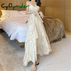 Cyflymder DRESS TO IMPRESS Summer Women Long Dress Suspender Ruffles Chiffon Fairy Dress White Apricot Korean Elegant