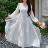 Cyflymder DRESS TO IMPRESS Summer Women Long Dress Suspender Ruffles Chiffon Fairy Dress White Apricot Korean Elegant