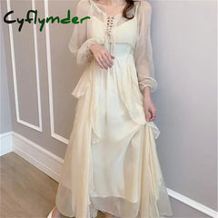 Cyflymder DRESS TO IMPRESS Summer Women Long Dress Suspender Ruffles Chiffon Fairy Dress White Apricot Korean Elegant