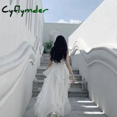 Cyflymder DRESS TO IMPRESS Summer Women Long Dress Suspender Ruffles Chiffon Fairy Dress White Apricot Korean Elegant