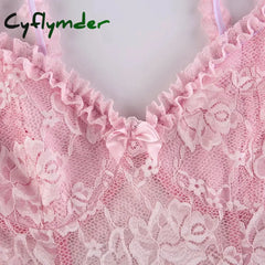 Cyflymder DRESS TO IMPRESS Sweet Cute Lace Cami Dress See Through Sexy Slim Sleeveless Ruffles Bow A-Line Mini Dresses