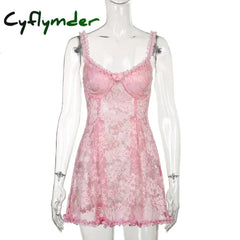 Cyflymder DRESS TO IMPRESS Sweet Cute Lace Cami Dress See Through Sexy Slim Sleeveless Ruffles Bow A-Line Mini Dresses