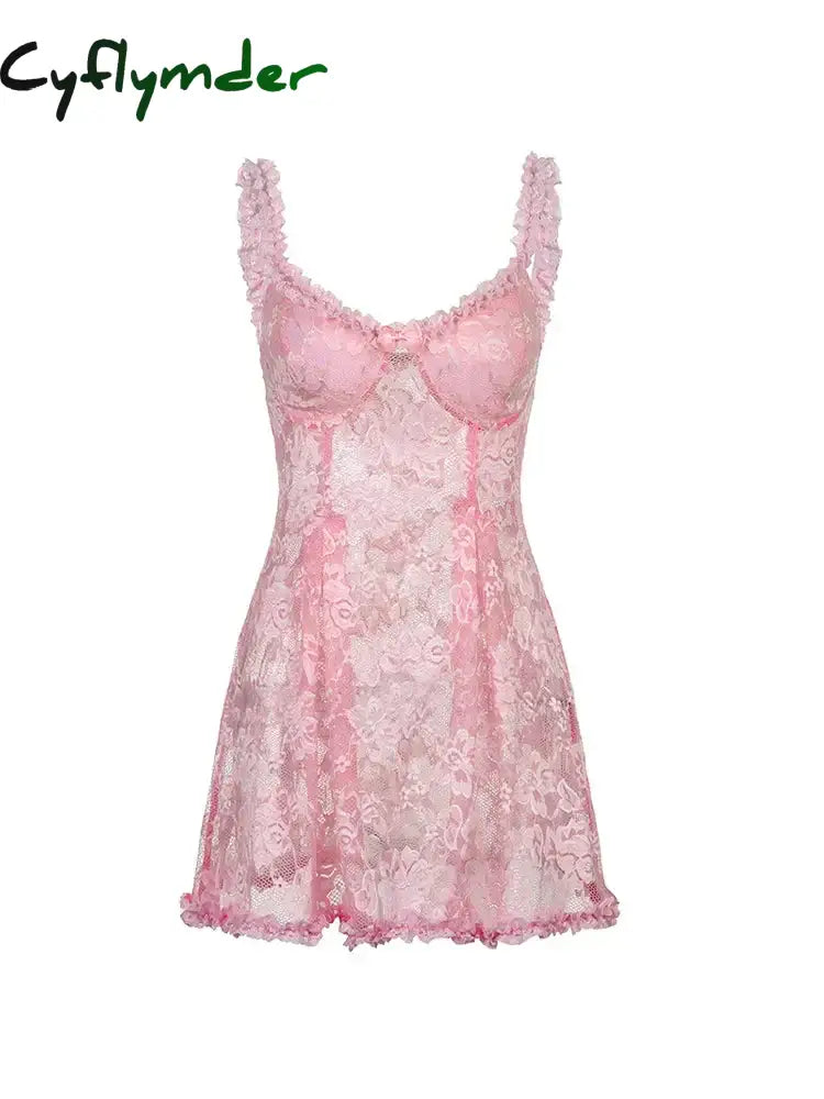 Cyflymder DRESS TO IMPRESS Sweet Cute Lace Cami Dress See Through Sexy Slim Sleeveless Ruffles Bow A-Line Mini Dresses