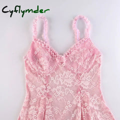 Cyflymder DRESS TO IMPRESS Sweet Cute Lace Cami Dress See Through Sexy Slim Sleeveless Ruffles Bow A-Line Mini Dresses