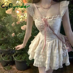 Cyflymder DRESS TO IMPRESS Sweet Party Flora Mini Dress Women Autumn Korean Sexy Flying Sleeve Design Fairy Dress