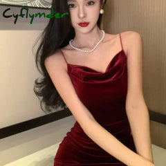 Cyflymder DRESS TO IMPRESS Vintage Sexy Club Prom Red Dresses for Women Spaghetti Strap Slit Velvet Dress Beach Bandage