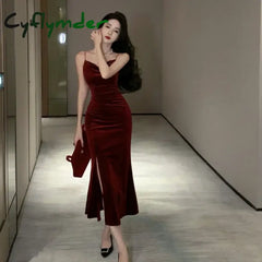 Cyflymder DRESS TO IMPRESS Vintage Sexy Club Prom Red Dresses for Women Spaghetti Strap Slit Velvet Dress Beach Bandage