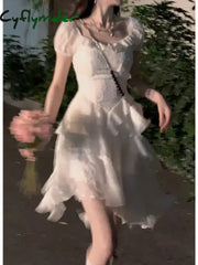 Cyflymder DRESS TO IMPRESS Vintage White Dress Summer New Ruffle Irregular Dress Y2K Sweet Young Mini Dress vestidos de