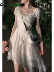 Cyflymder DRESS TO IMPRESS Vintage White Dress Summer New Ruffle Irregular Dress Y2K Sweet Young Mini Dress vestidos de