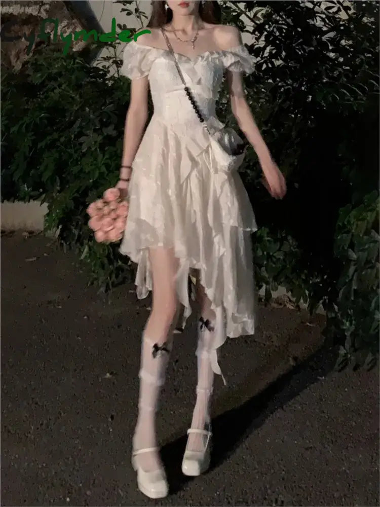 Cyflymder DRESS TO IMPRESS Vintage White Dress Summer New Ruffle Irregular Dress Y2K Sweet Young Mini Dress vestidos de