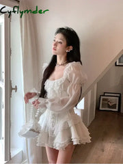 Cyflymder DRESS TO IMPRESS White French Elegant Evening Party Dress Women Casual Sexy Lace Puffed Sleeve Short Robe