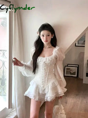 Cyflymder DRESS TO IMPRESS White French Elegant Evening Party Dress Women Casual Sexy Lace Puffed Sleeve Short Robe