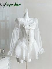 Cyflymder DRESS TO IMPRESS White French Elegant Evening Party Dress Women Casual Sexy Lace Puffed Sleeve Short Robe