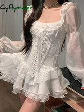 Cyflymder DRESS TO IMPRESS White French Elegant Evening Party Dress Women Casual Sexy Lace Puffed Sleeve Short Robe