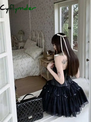 Cyflymder DRESS TO IMPRESS Women Corset Top Tulle Tutu Underskirt 3-piece Set Lace-up Boned Tube Top Bow Stitch Puffy