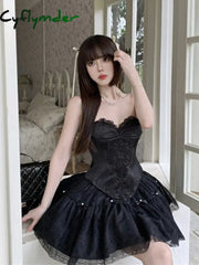 Cyflymder DRESS TO IMPRESS Women Corset Top Tulle Tutu Underskirt 3-piece Set Lace-up Boned Tube Top Bow Stitch Puffy