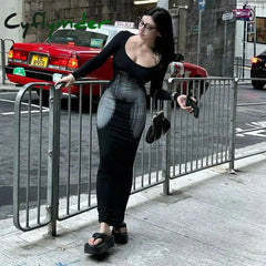 Cyflymder Dress To Impress Women Square Collar Long Sleeve Dress High Waist Abstract Sexy Stripe