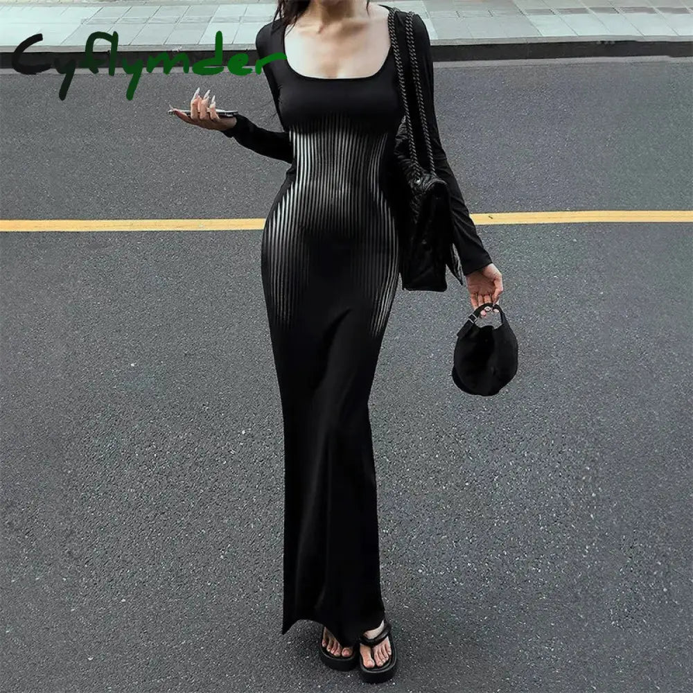 DRESS TO IMPRESS Women Square Collar Long Sleeve Dress High Waist Abstract Sexy Stripe Body Print Dress Casual Wrap Hipster Mermaid Dres