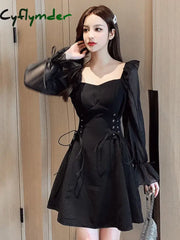 Cyflymder Dress To Impress Women Dress Summer Elegant Square Collar Long Sleeve Chiffon Patchwork