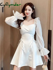 Cyflymder Dress To Impress Women Dress Summer Elegant Square Collar Long Sleeve Chiffon Patchwork