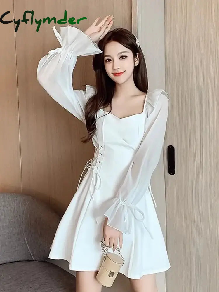 DRESS TO IMPRESS Women Dress Summer Elegant Square Collar Long Sleeve Chiffon Patchwork Dress French Sexy Bandage Tie Waist Fashion Vestidos