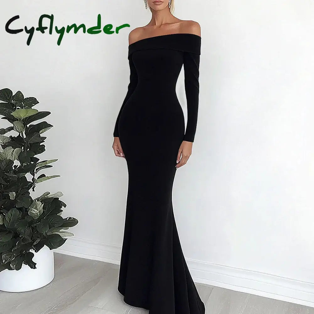Cyflymder DRESS TO IMPRESS Women’s Dresses All Season French Elegant Plain Long Sleeve Off Shoulder Mermaid Long Party